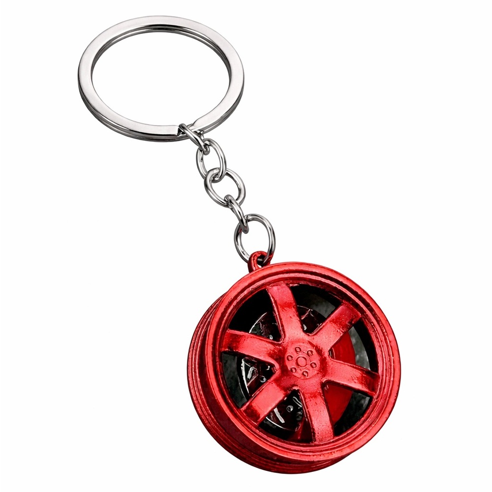 Red Alloy Wheel Keychain Spinning Rim Car Key Ring Automotive